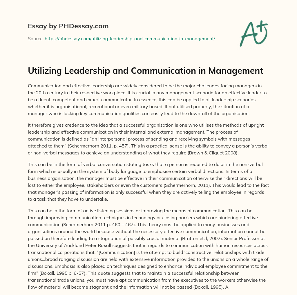 Utilizing Leadership and Communication in Management essay