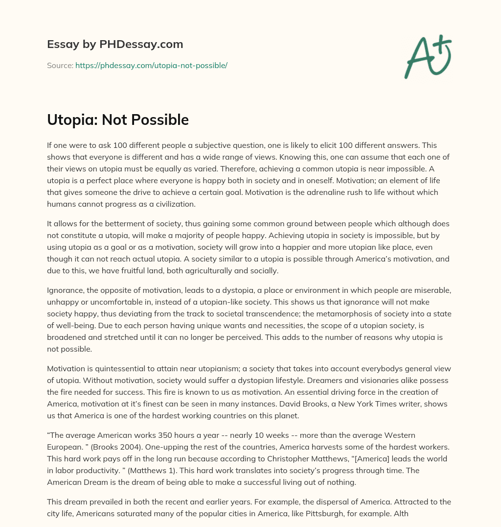Utopia: Not Possible essay