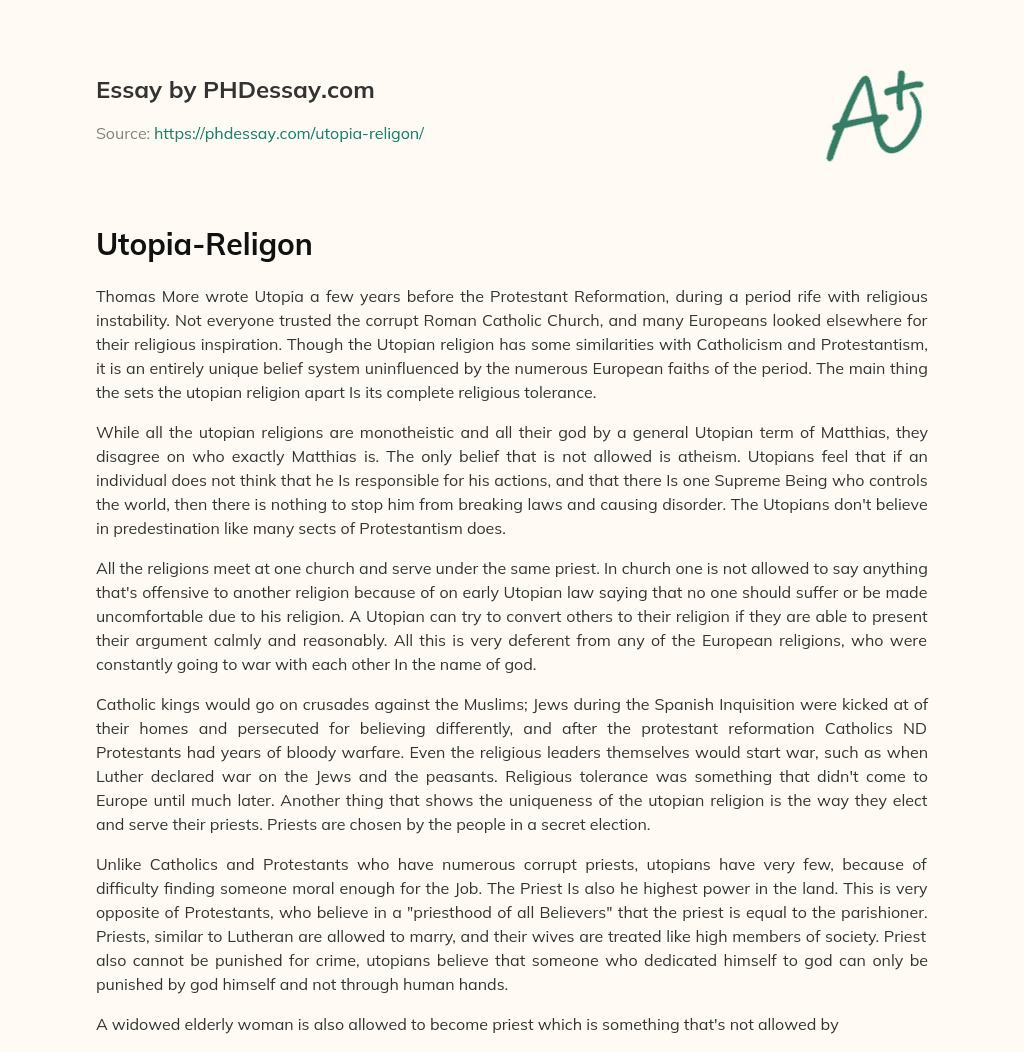 Utopia-Religon essay