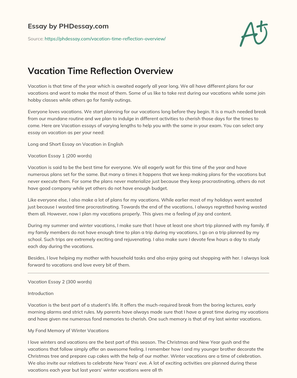 Vacation Time Reflection Overview essay