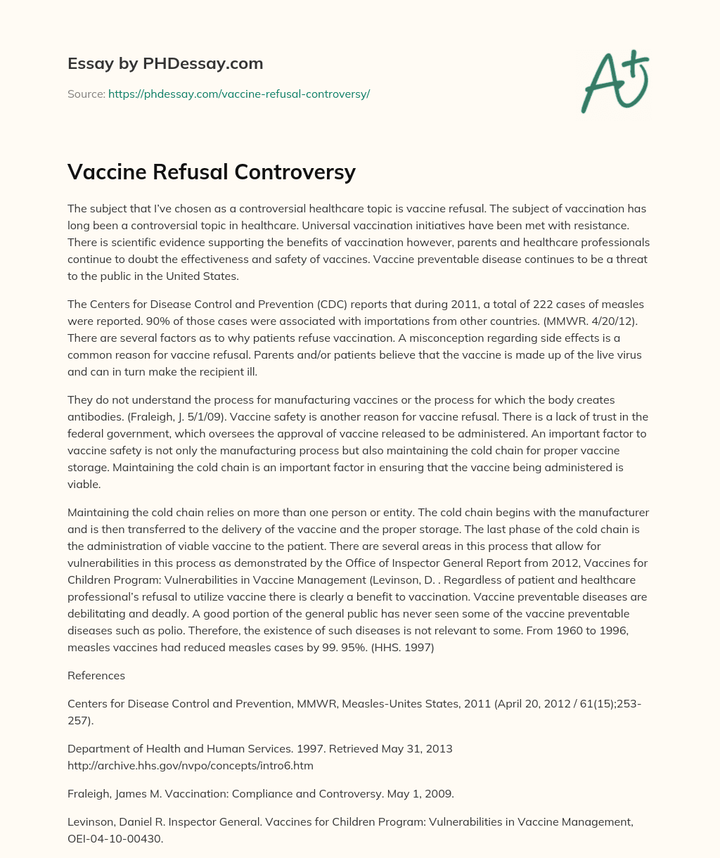 Vaccine Refusal Controversy essay