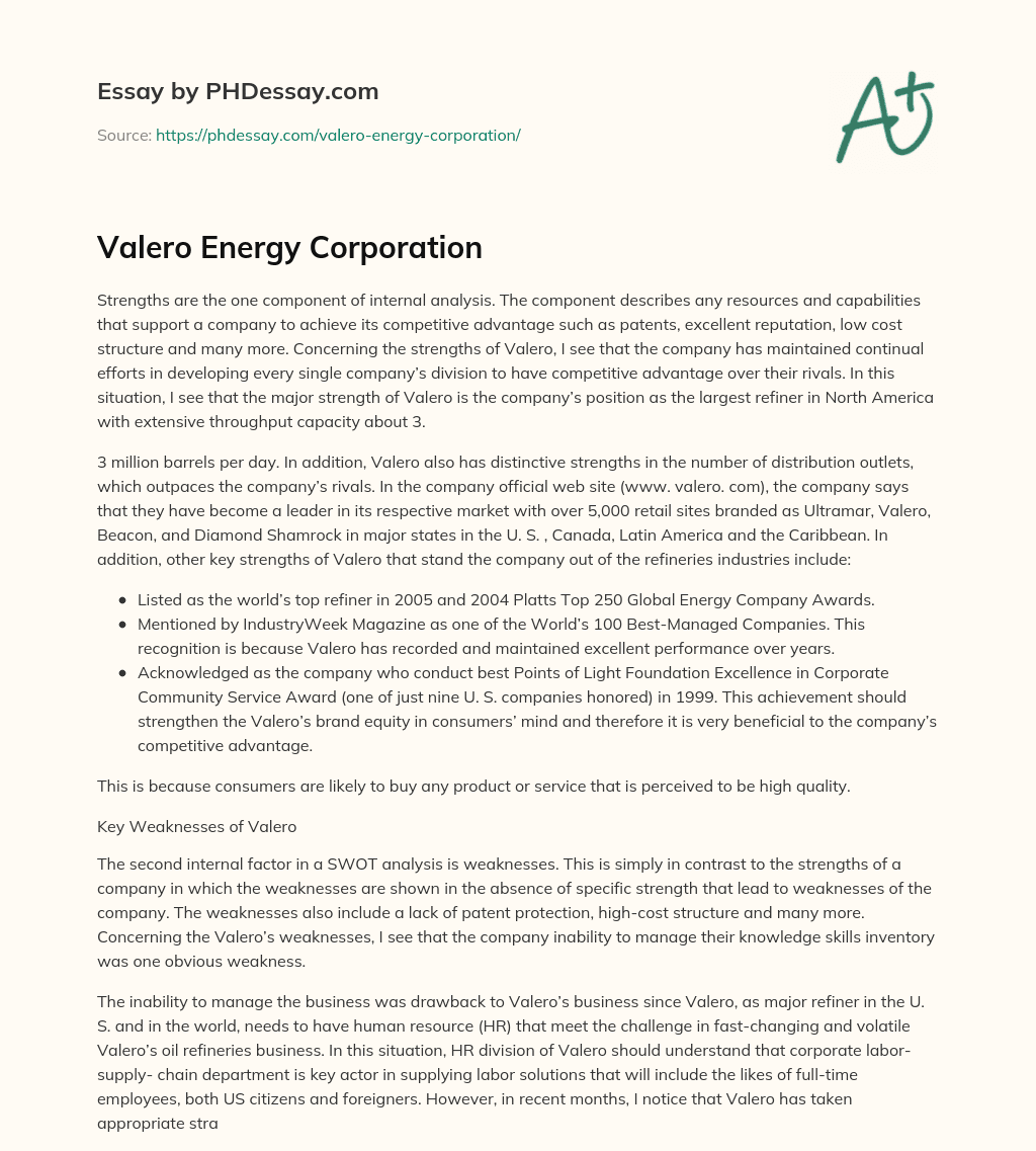Valero Energy Corporation essay