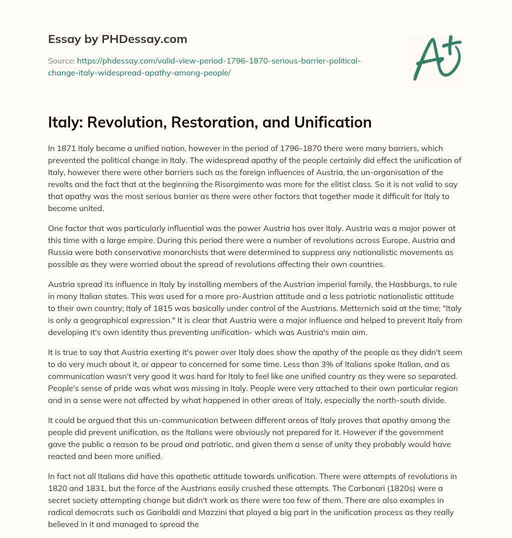 Italy: Revolution, Restoration, and Unification essay