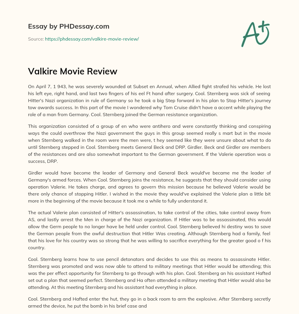 Valkire Movie Review essay