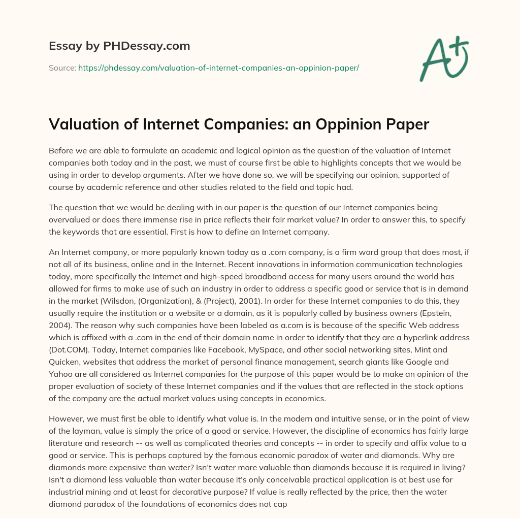 Valuation of Internet Companies: an Oppinion Paper essay