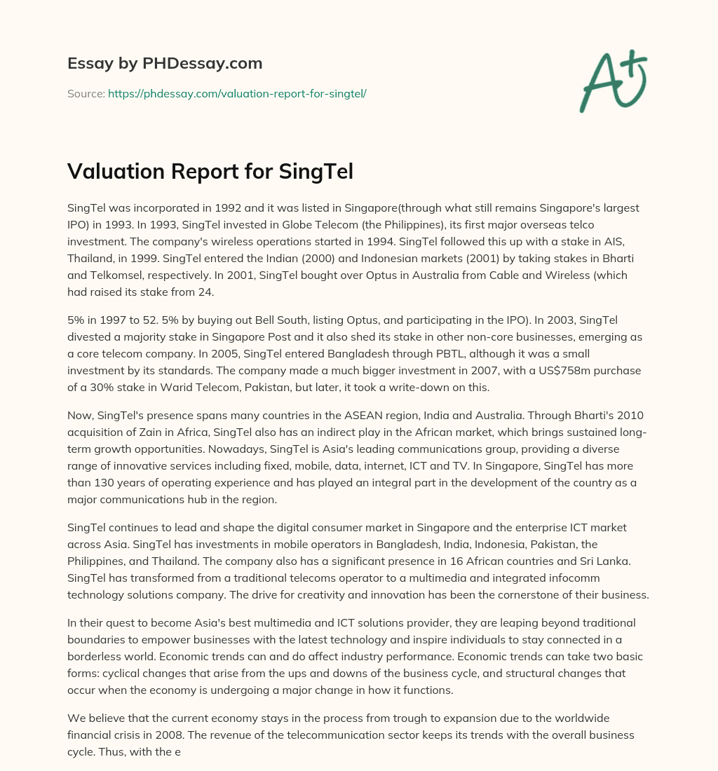 Valuation Report for SingTel essay