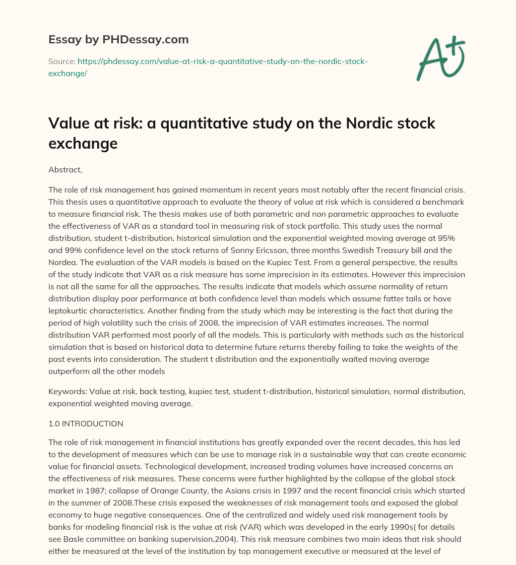 Value at risk: a quantitative study on the Nordic stock exchange essay