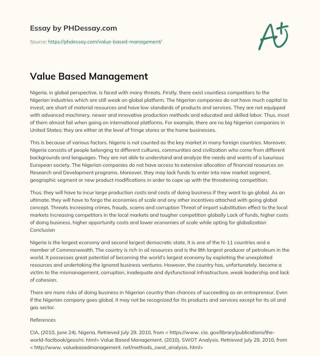 Value Based Management essay