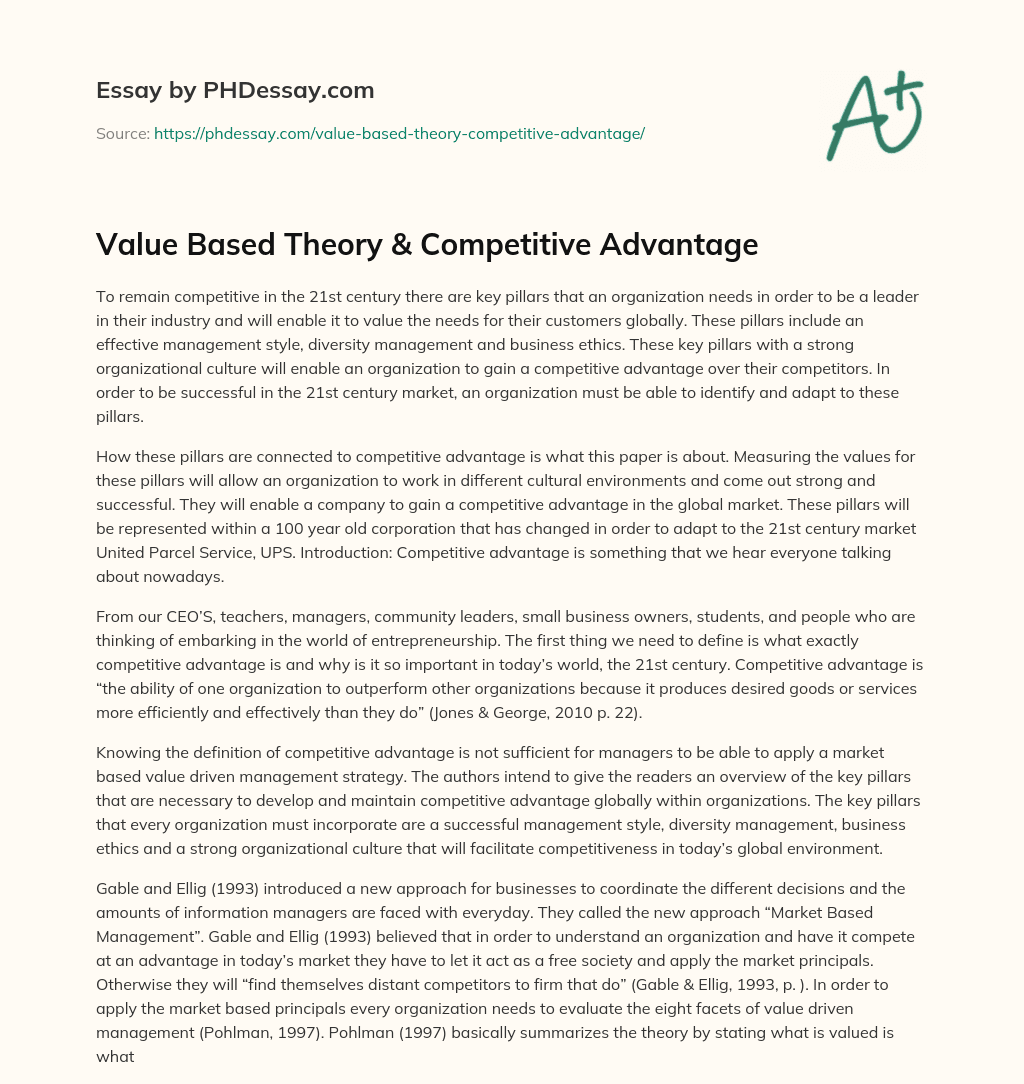 Value Based Theory & Competitive Advantage essay