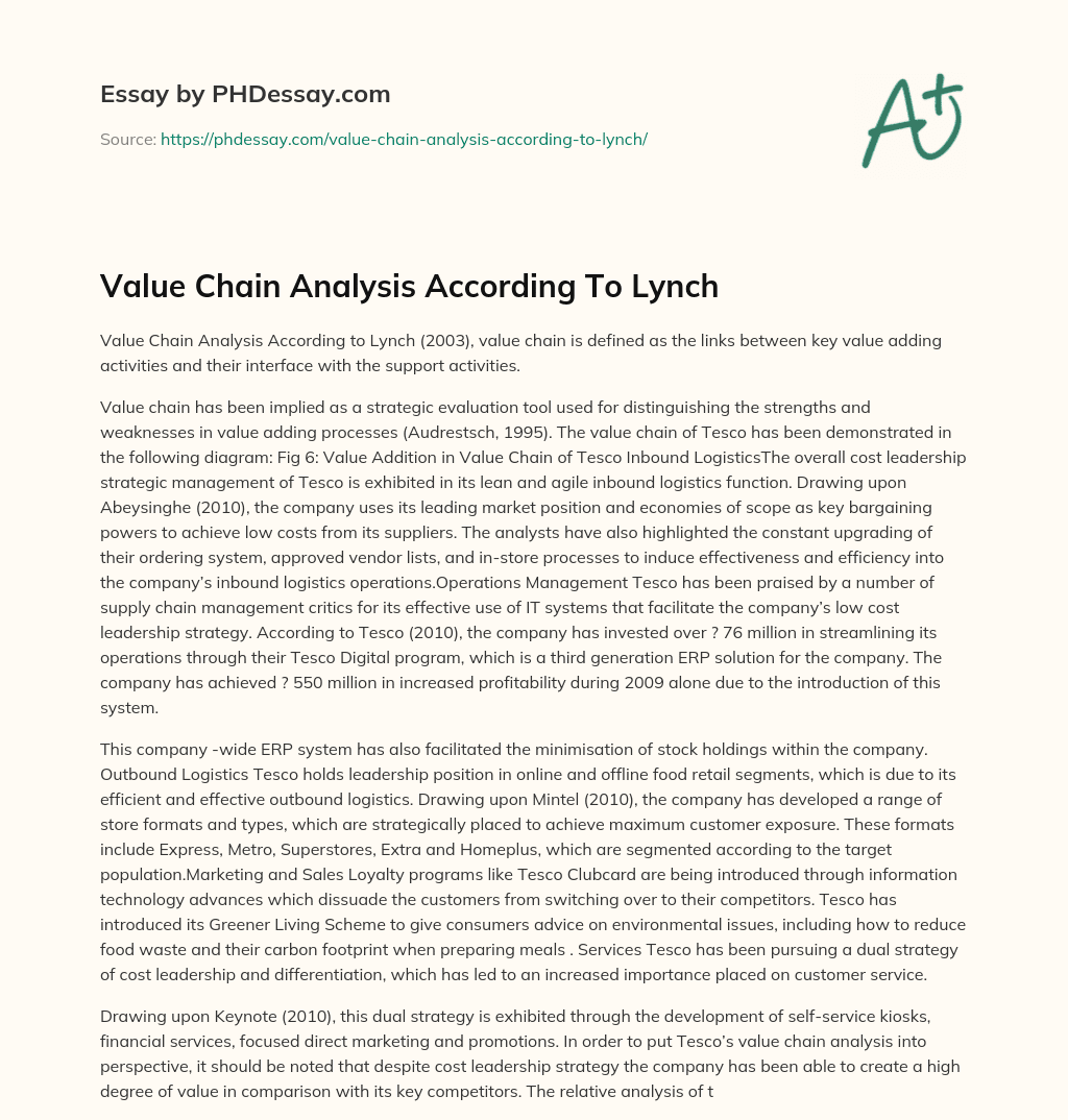 Value Chain Analysis According To Lynch essay