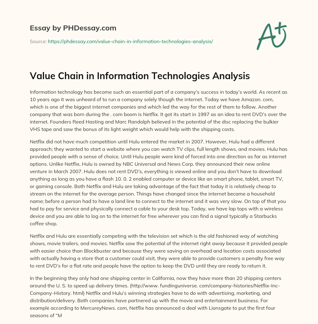Value Chain in Information Technologies Analysis essay