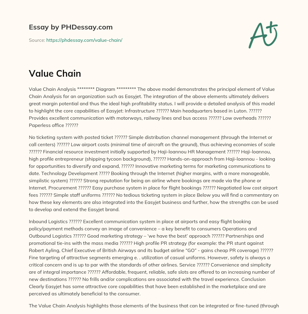 Value Chain Analysis Model for Easyjet: Core Capabilities and Competitive Advantage essay