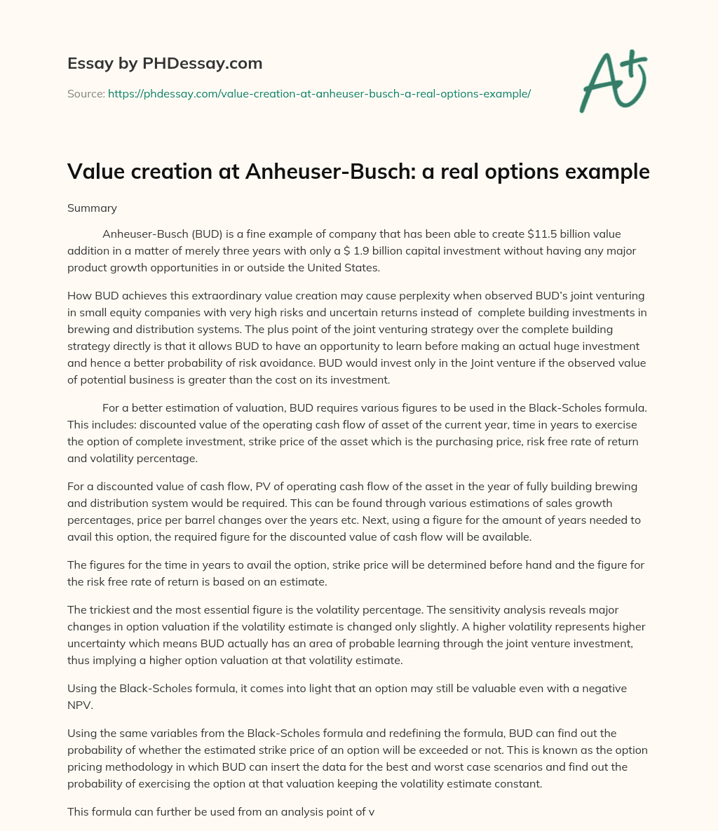 Value creation at Anheuser-Busch: a real options example essay