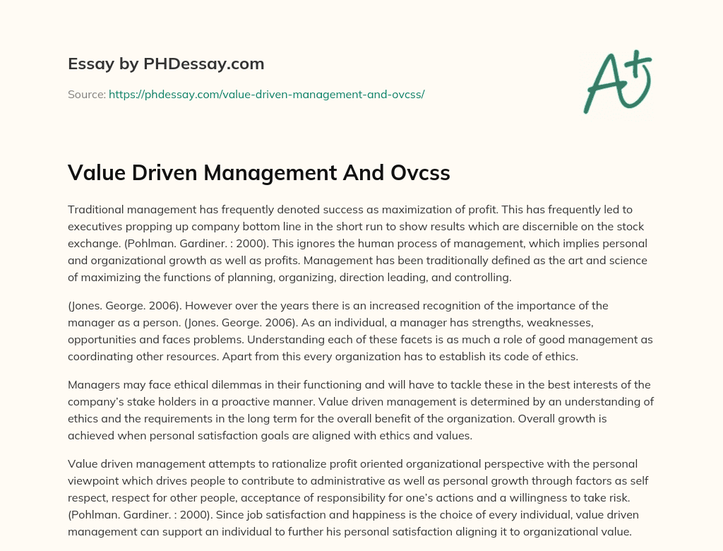 Value Driven Management And Ovcss essay