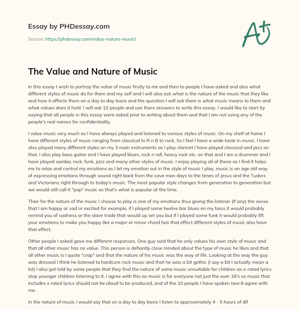 The Value and Nature of Music essay