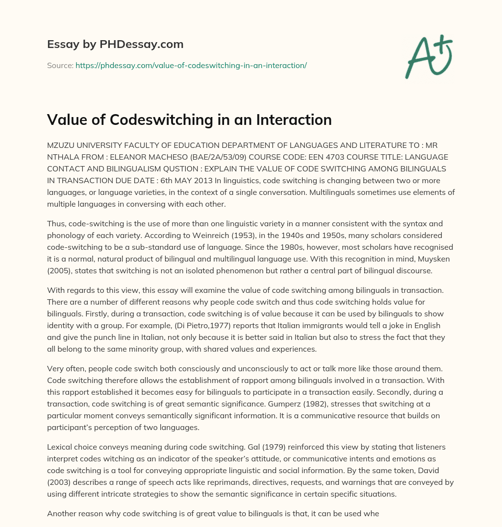 Value of Codeswitching in an Interaction essay