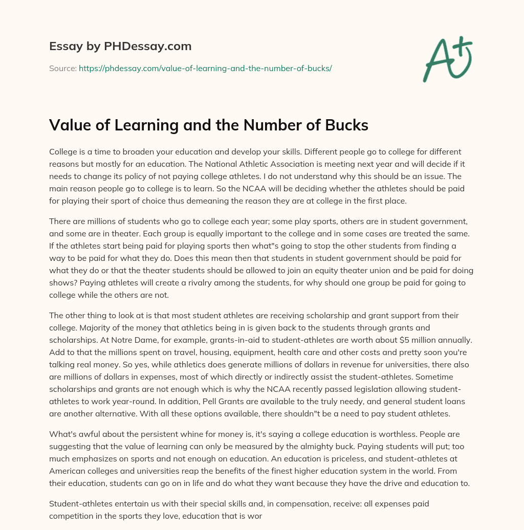 Value of Learning and the Number of Bucks essay