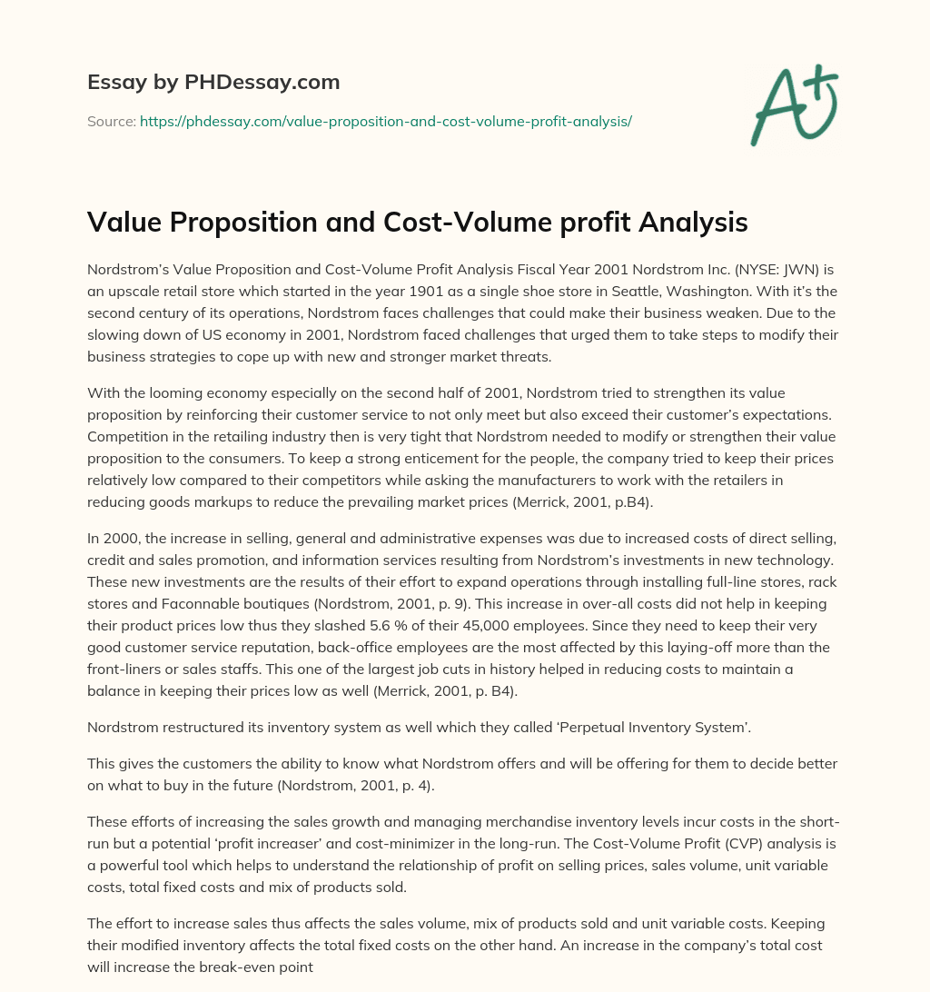 Value Proposition and Cost-Volume profit Analysis essay