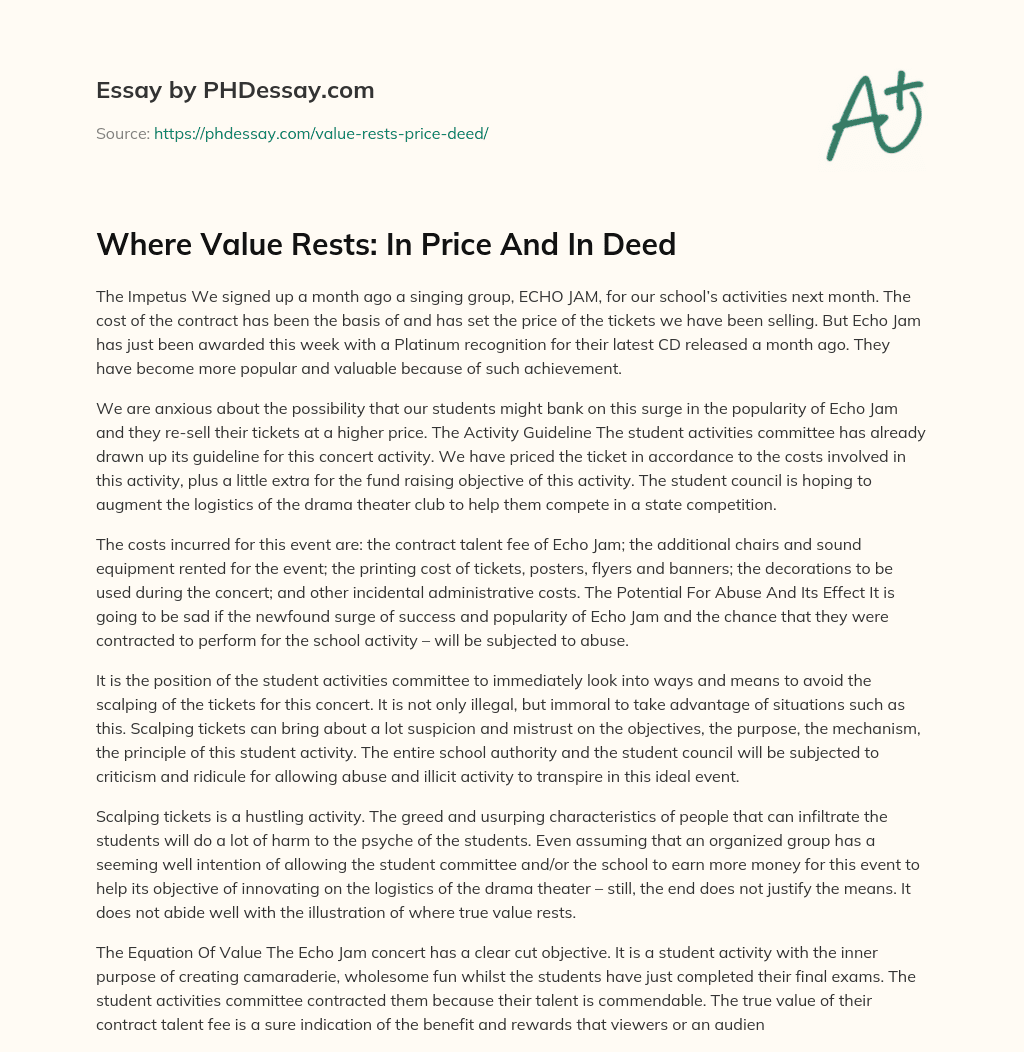 Where Value Rests:  In Price And In Deed essay