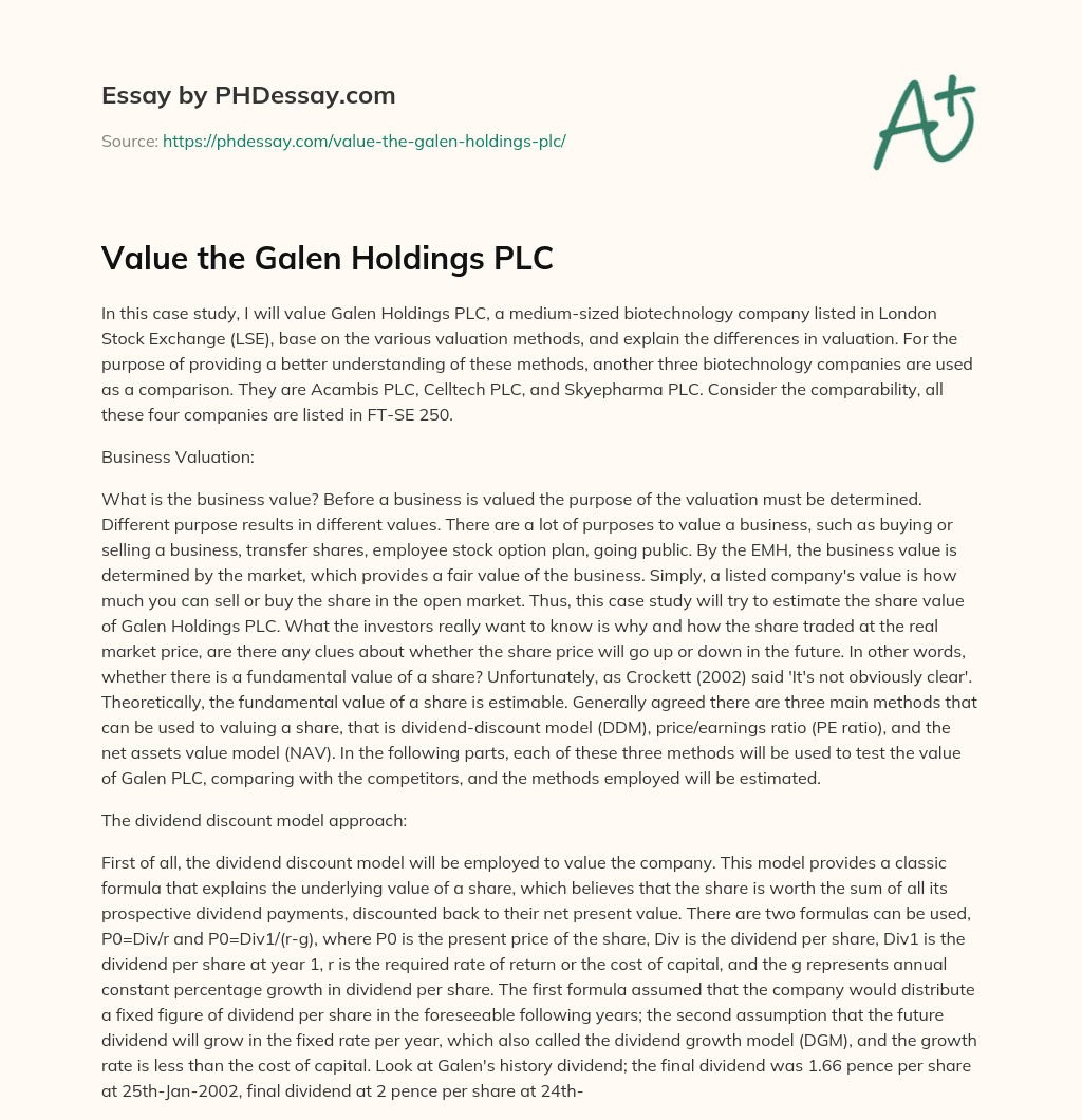 Value the Galen Holdings PLC essay