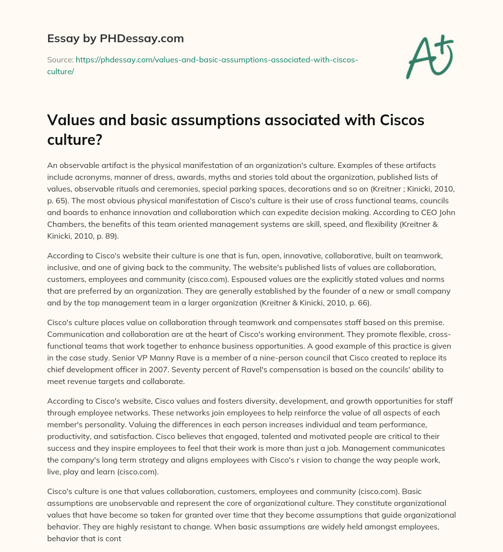 Values and basic assumptions associated with Ciscos culture? essay