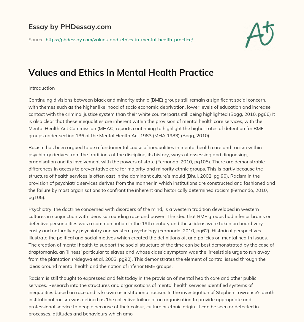 Values and Ethics In Mental Health Practice essay
