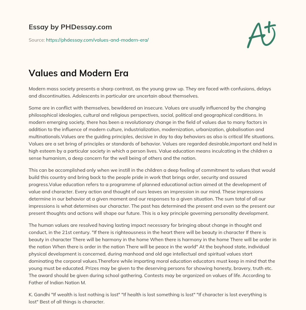 Values and Modern Era essay