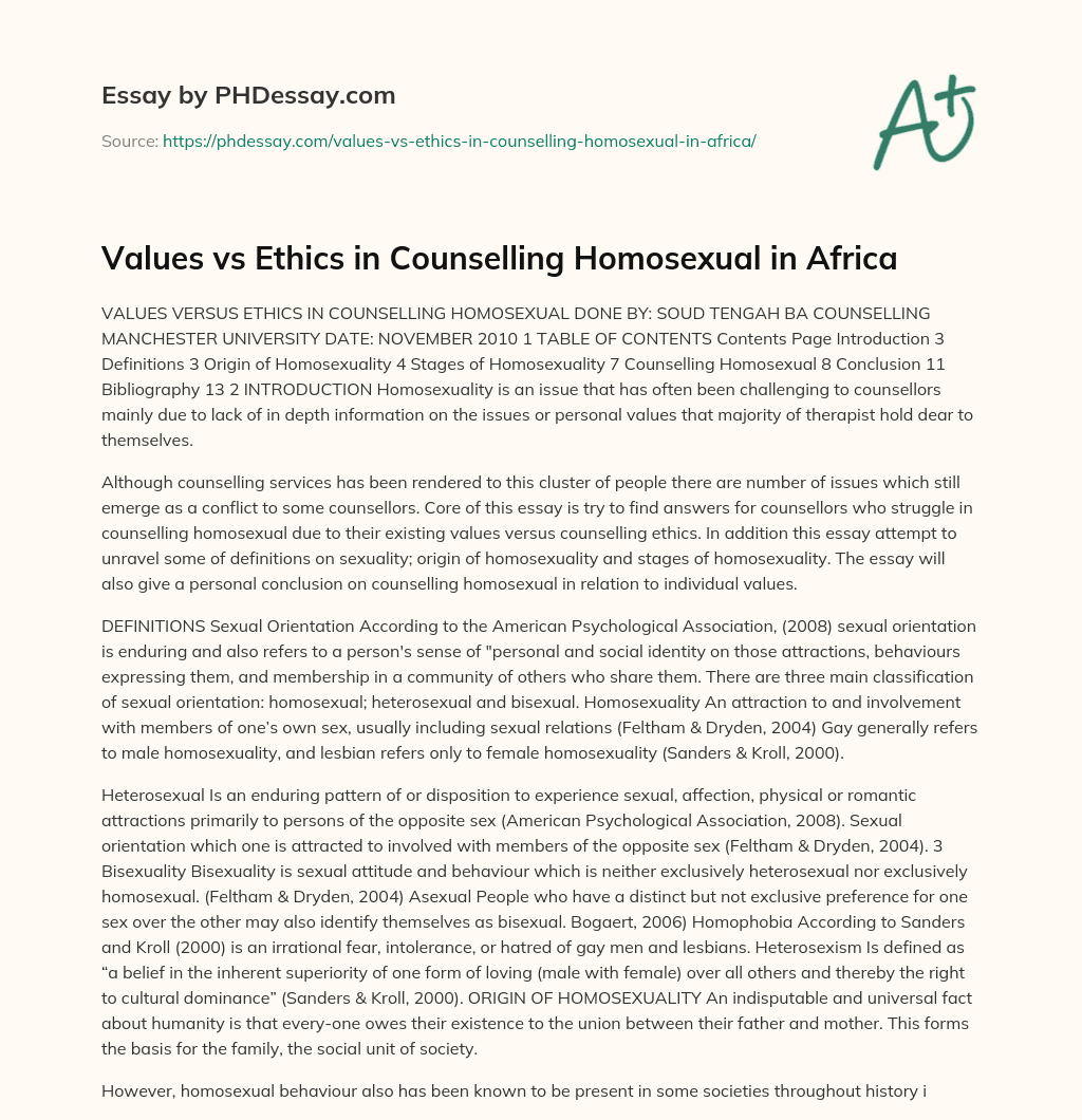 Values vs Ethics in Counselling Homosexual in Africa essay
