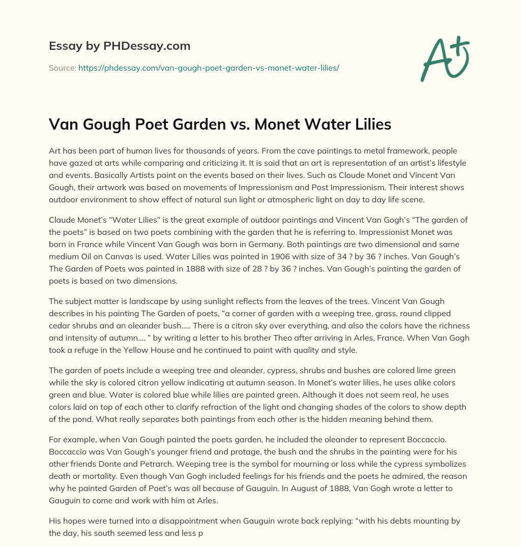 Van Gough Poet Garden vs. Monet Water Lilies essay