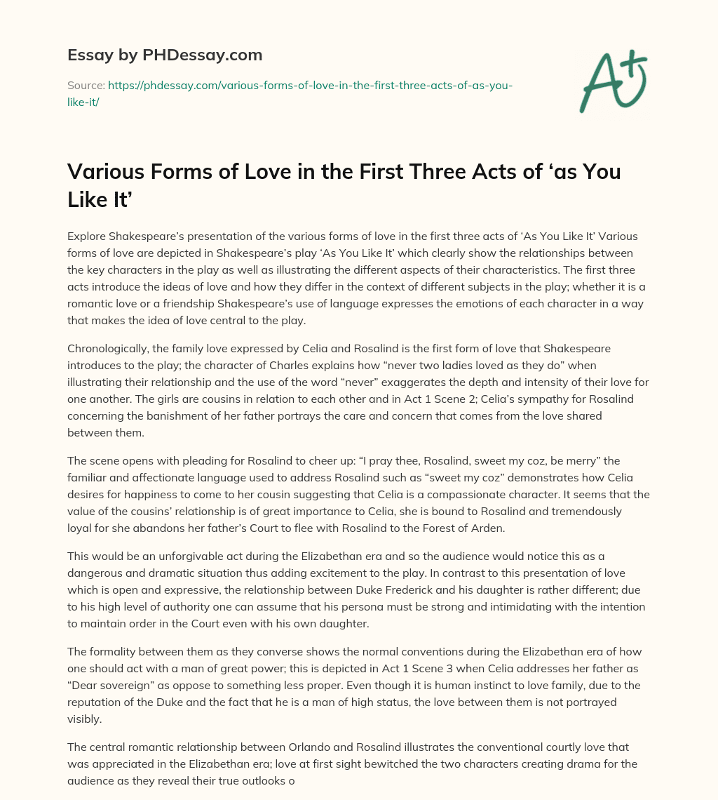Various Forms of Love in the First Three Acts of ‘as You Like It’ essay