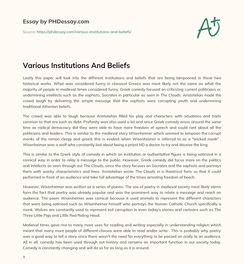Various Institutions And Beliefs essay