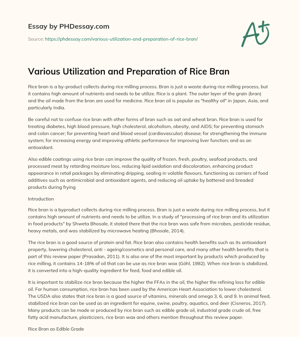 Various Utilization and Preparation of Rice Bran essay
