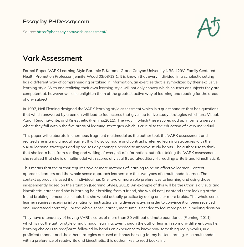 Vark Assessment - PHDessay.com