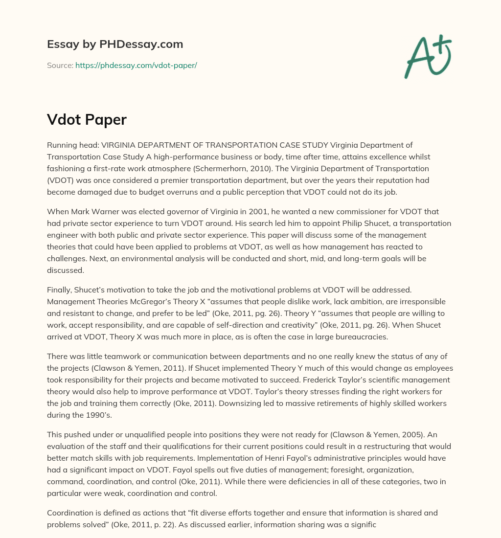Virginia Department of Transportation Case Study: Turning Around a Damaged Reputation through Effective Management and Motivation Strategies essay