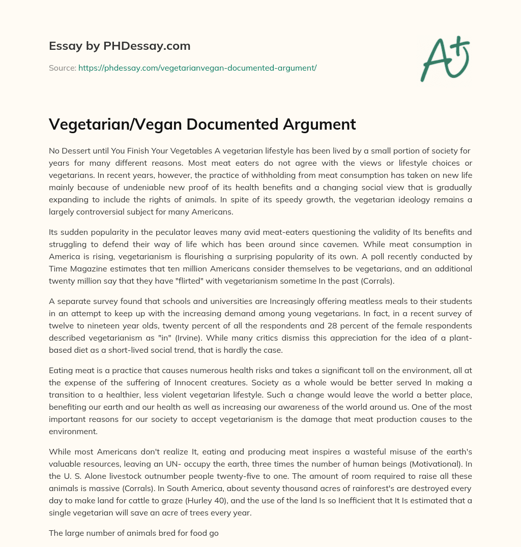Vegetarian/Vegan Documented Argument essay
