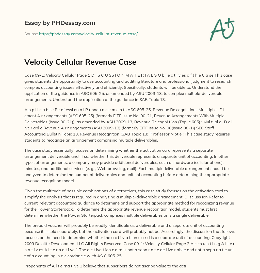 Velocity Cellular Revenue Case essay