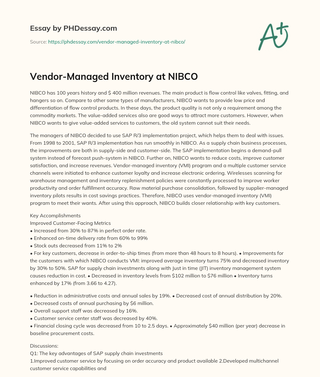 Vendor-Managed Inventory at NIBCO essay