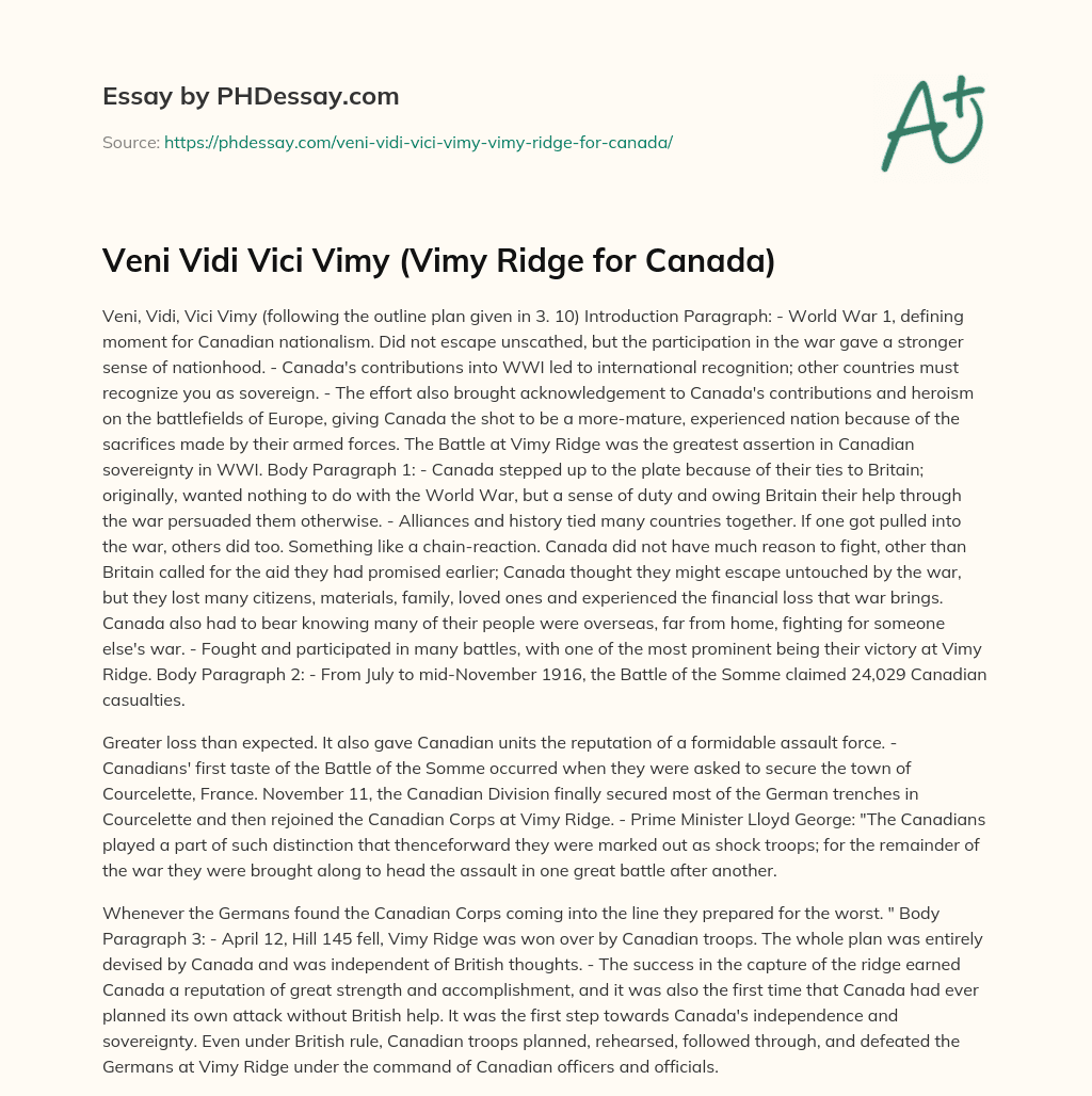 Veni Vidi Vici Vimy (Vimy Ridge for Canada) essay
