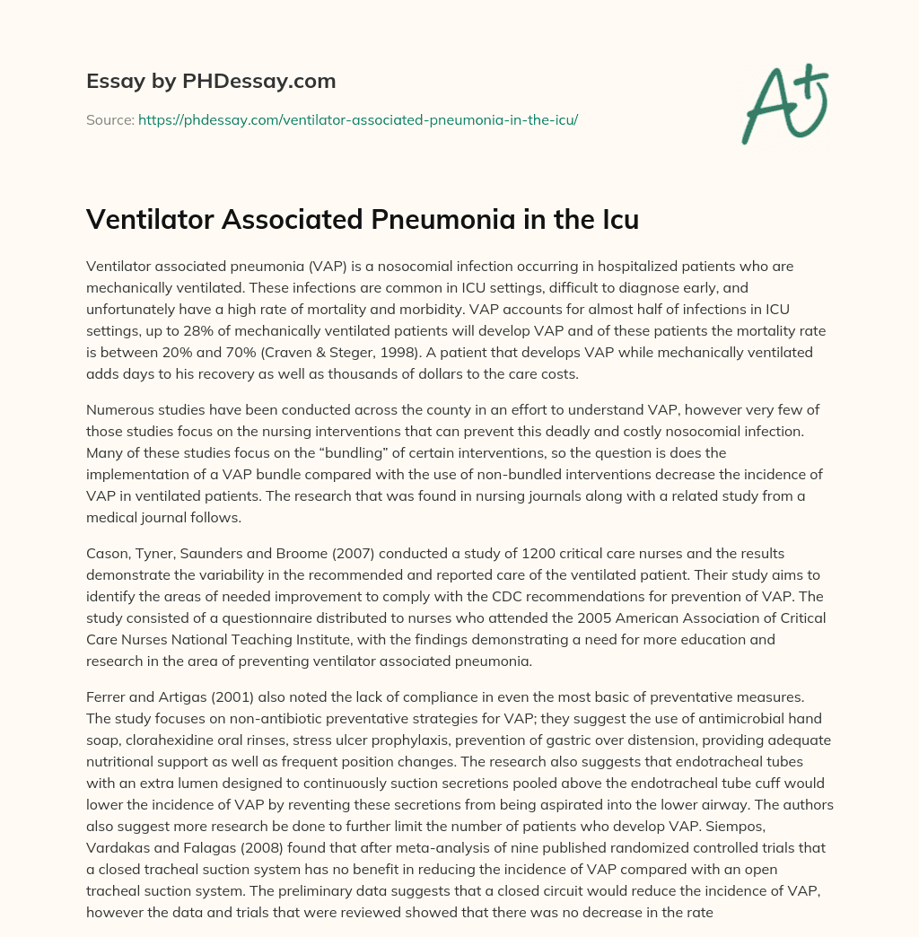 Ventilator Associated Pneumonia in the Icu essay