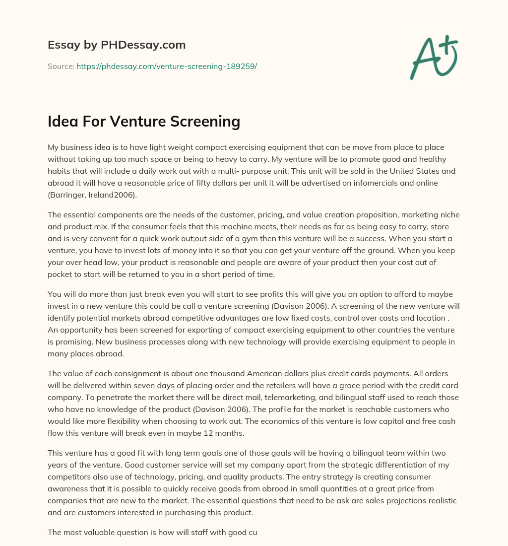 Idea For Venture Screening essay