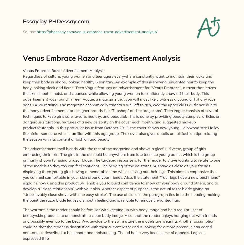Venus Embrace Razor Advertisement Analysis essay