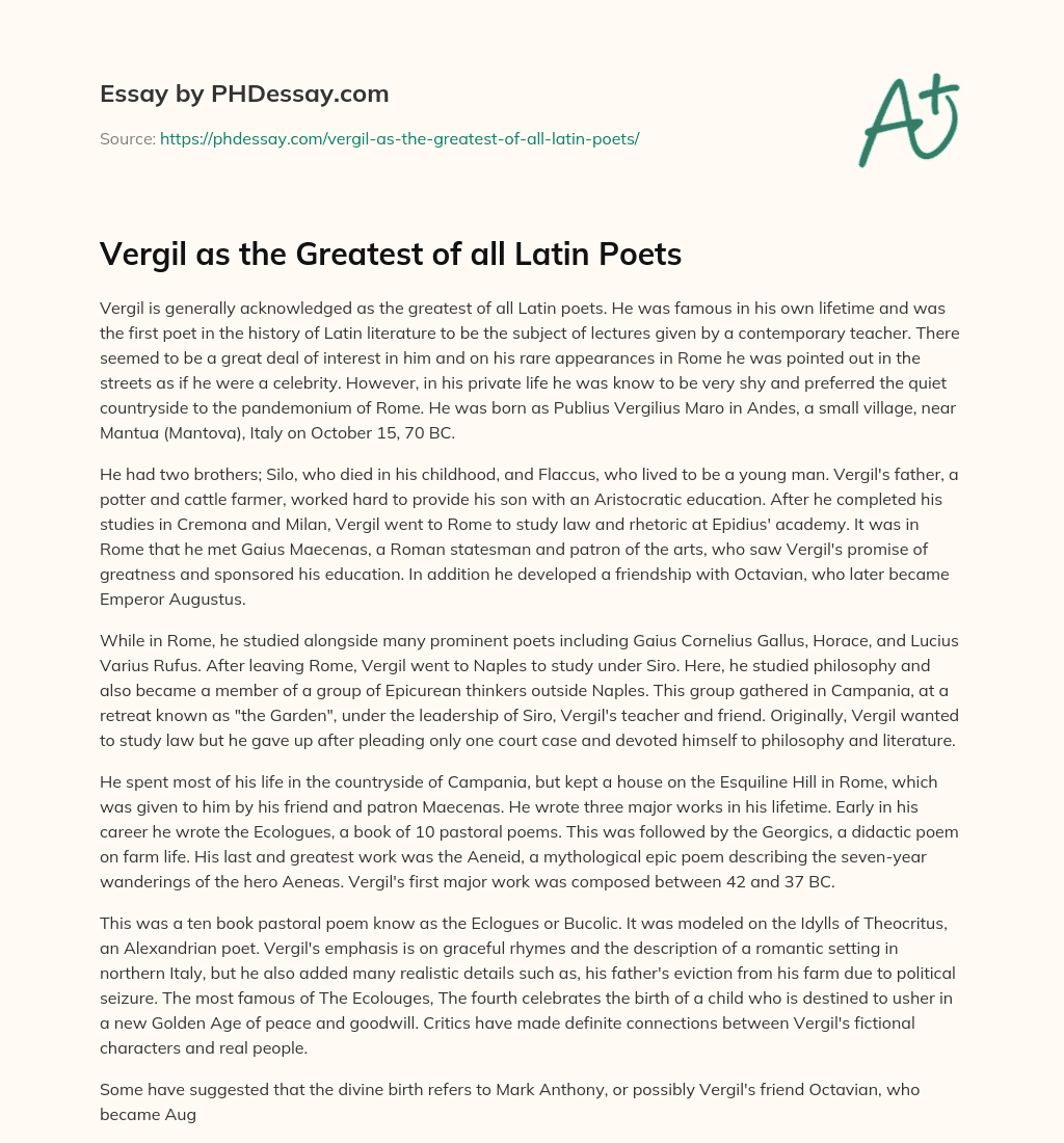 Vergil as the Greatest of all Latin Poets