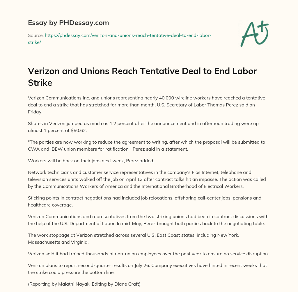 Verizon and Unions Reach Tentative Deal to End Labor Strike essay