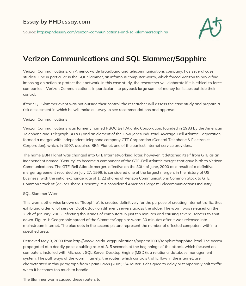 Verizon Communications and SQL Slammer/Sapphire essay