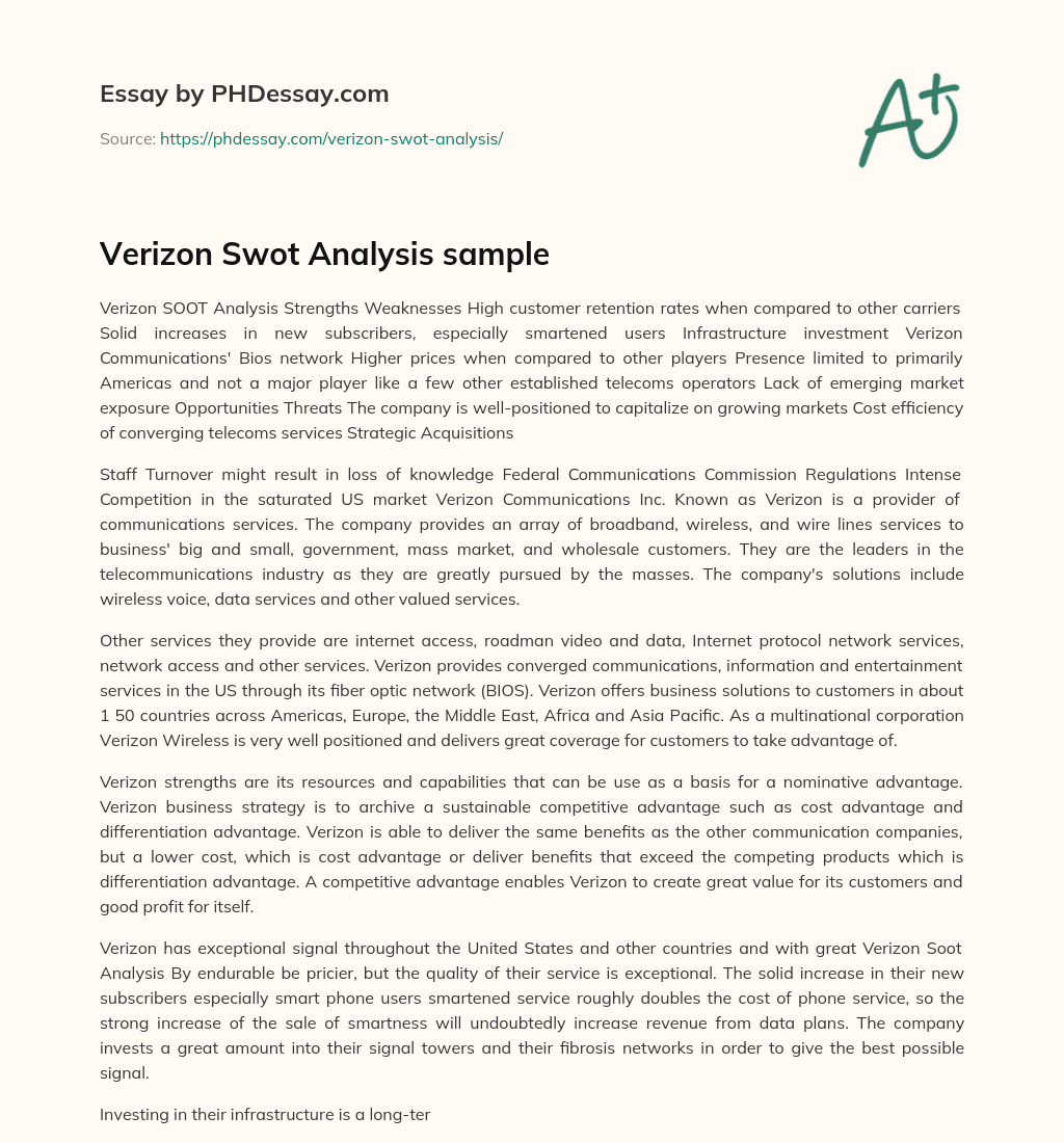 Verizon Swot Analysis sample essay