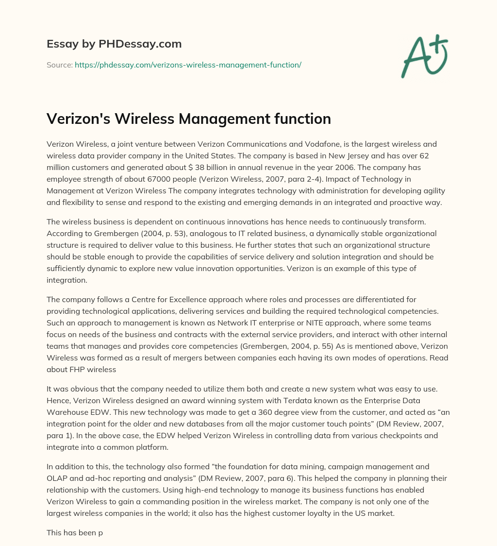 Verizon’s Wireless Management function essay