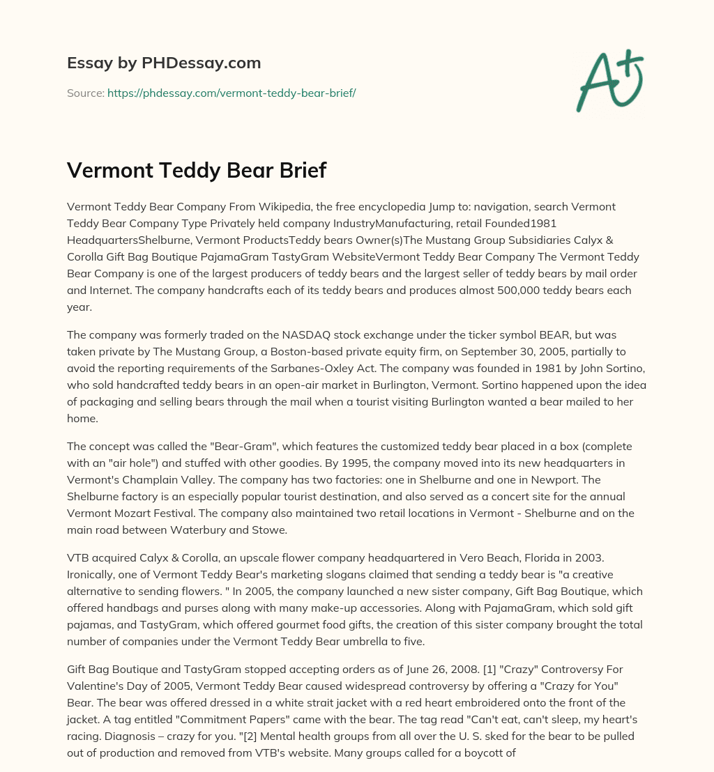 Vermont Teddy Bear Brief essay