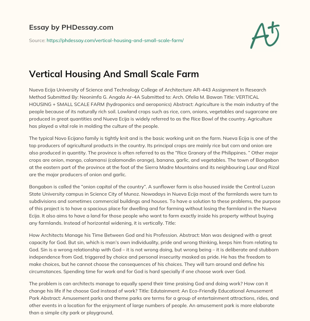 Vertical Housing And Small Scale Farm essay