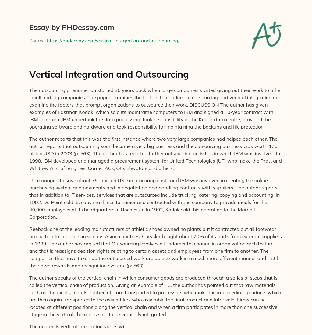 Vertical Integration and Outsourcing essay