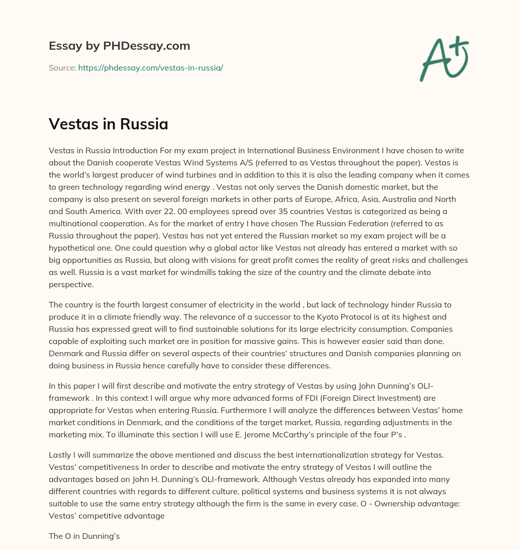 Vestas in Russia essay